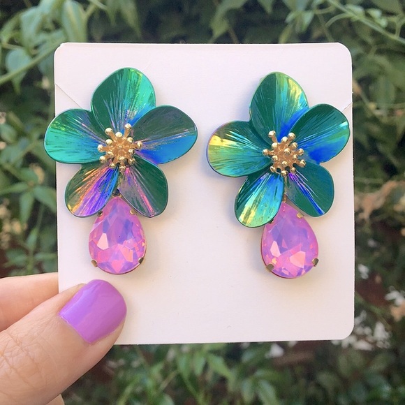 Iridescent Emerald Green, Gold + Pink Opal AB Flower Drop Statement Earrings - Picture 4 of 6